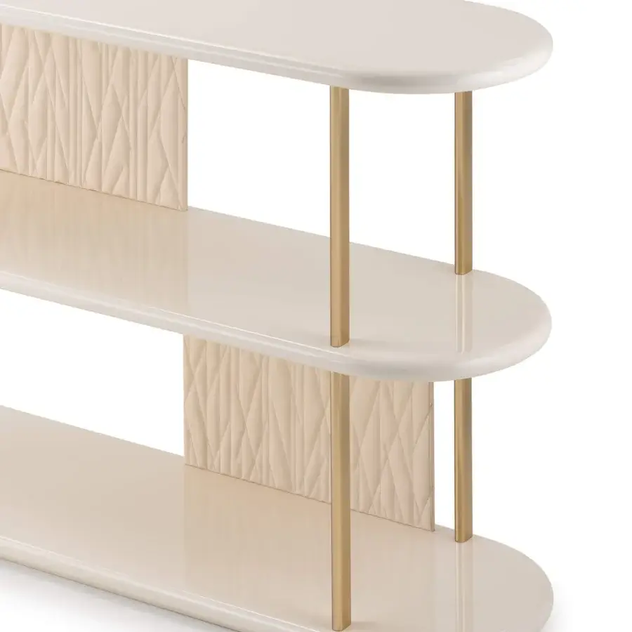 Superior Turri Roma console with horizontally aligned shelves, leather panels and champagne gold finished metal structure