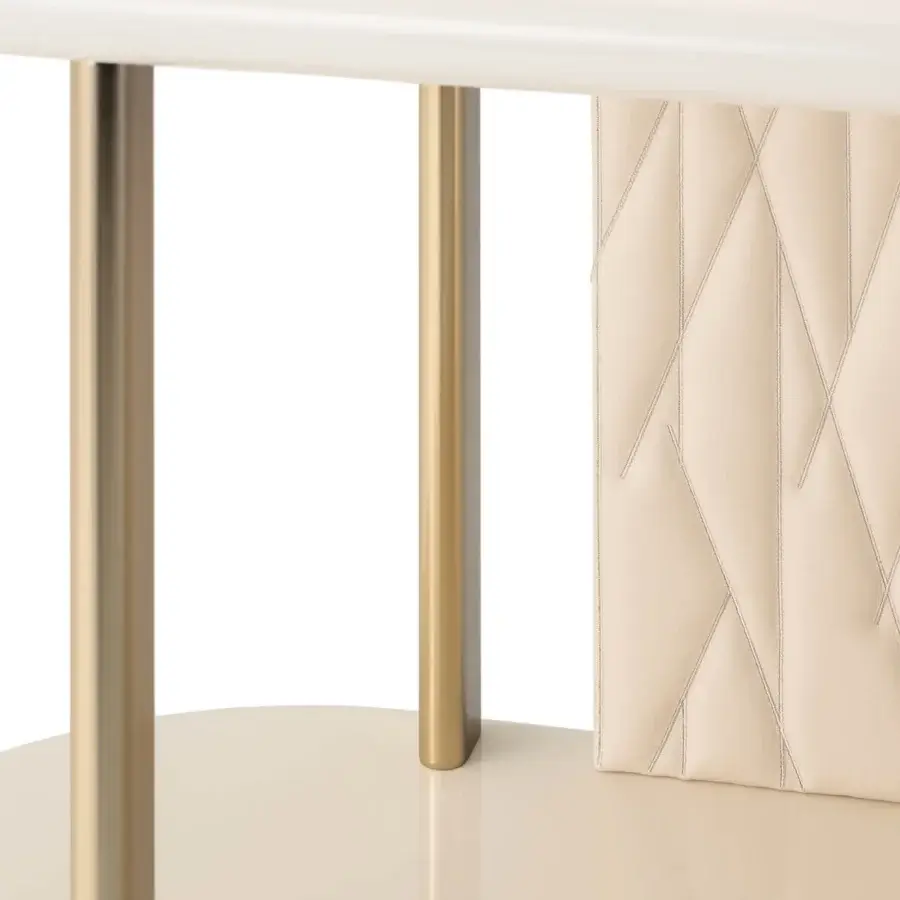 Distinguished Turri Roma console with vertically arranged glossy lacquered wood shelves and embroidered leather panels in champagne gold finish