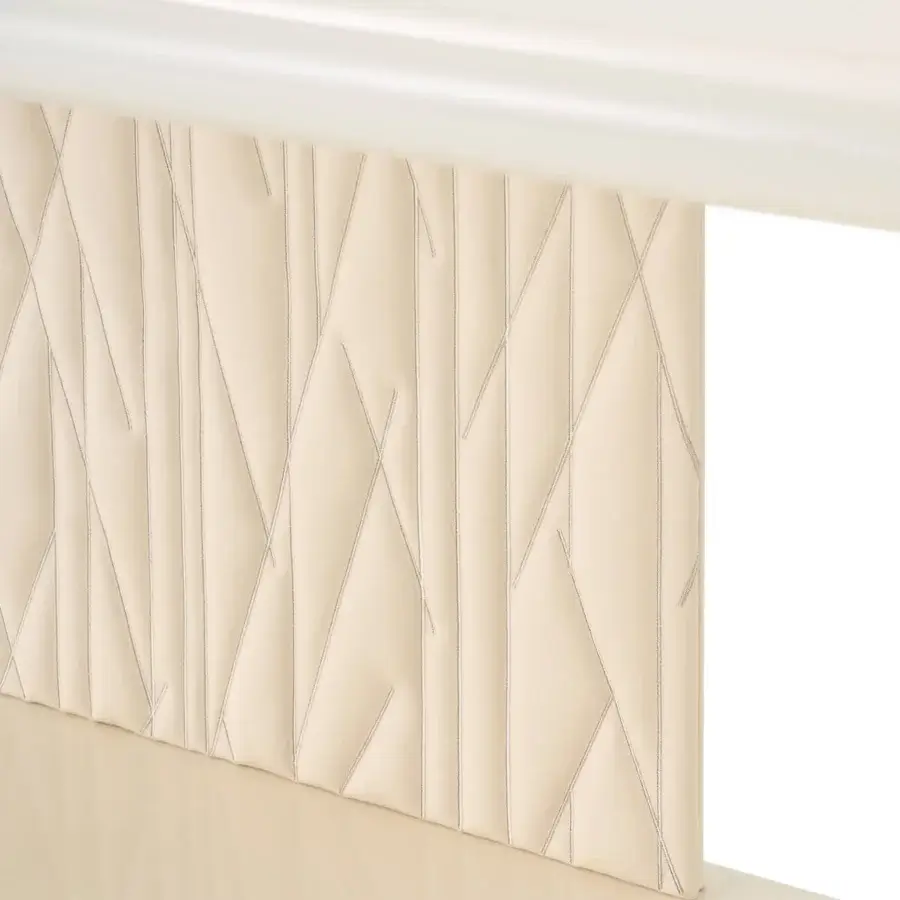 Exclusive Turri Roma console with vertically arranged glossy lacquered wood and embroidered leather panels in a light cream tone with champagne gold finish