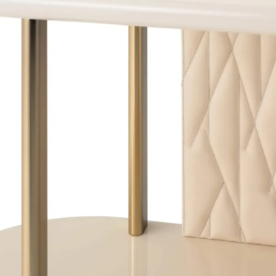 Elegant Turri Roma console with cream lacquered wood shelves interspersed with embroidered padded panels and champagne gold finish