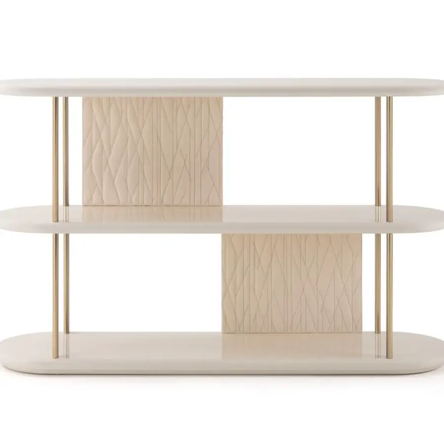 Distinguished Turri Roma console with glossy lacquered wood shelves and padded leather panels in subtle embroidery