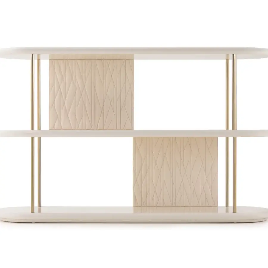 Exclusive Turri Roma console with light beige lacquered wood shelves and geometric leather panels in champagne gold metal