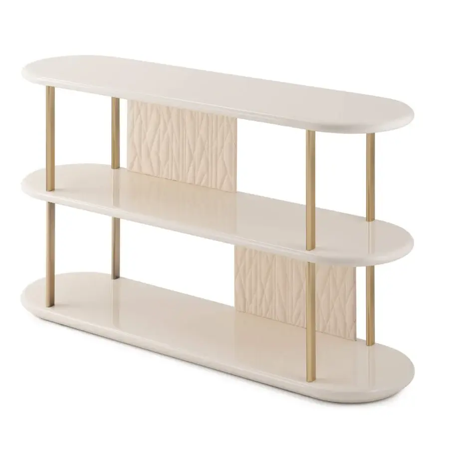 Elegant Turri Roma console with glossy lacquered wood shelves and padded leather panels in champagne gold finish