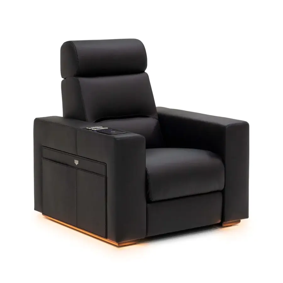 Exclusive WAYNE Enterprises WE-176 home cinema seating in sleek black leather with adjustable headrest and integrated control panel