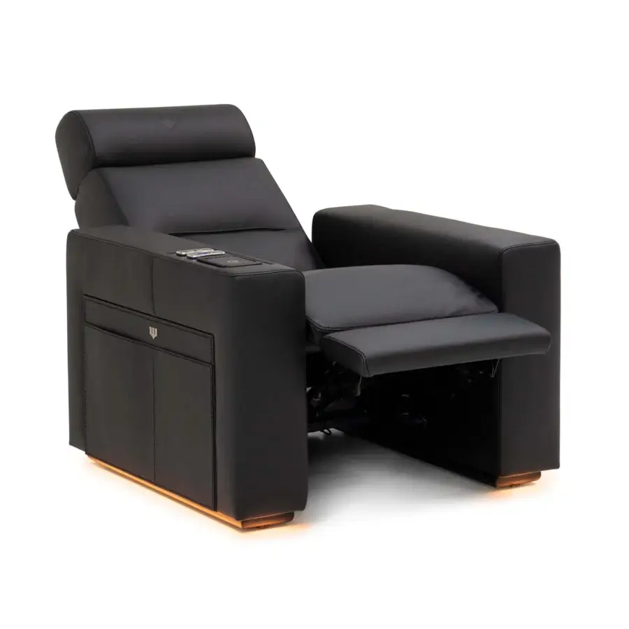Distinguished WAYNE Enterprises WE-176 home cinema seating crafted in sleek black leather with ambient lighting