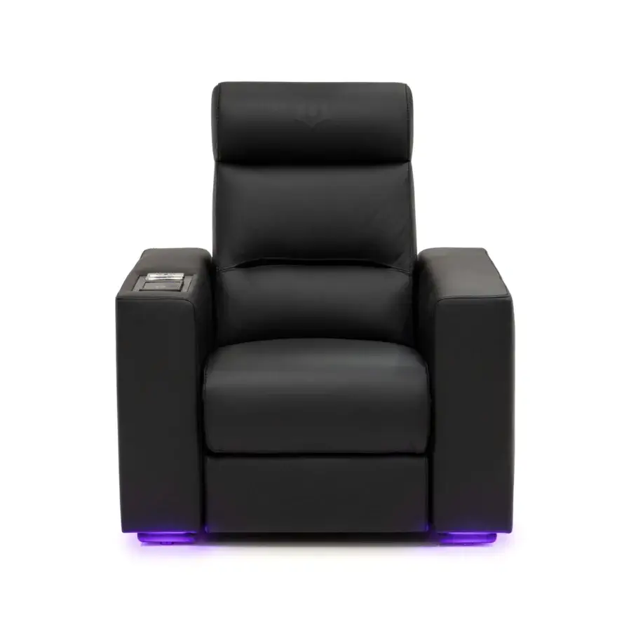 Captivating WAYNE Enterprises WE-176 home cinema seating upholstered in sleek black synthetic leather with purple LED bottom lighting