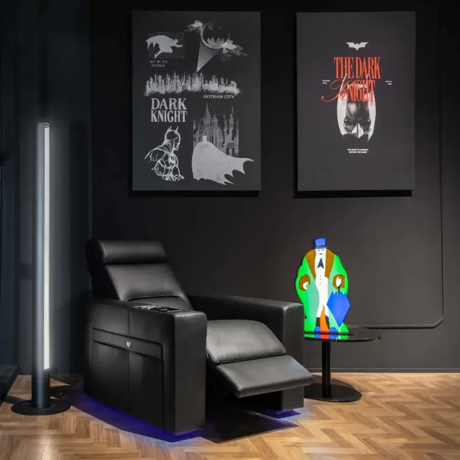 Innovative WAYNE Enterprises WE-176 home cinema seating upholstered in matte black leather with ambient lighting
