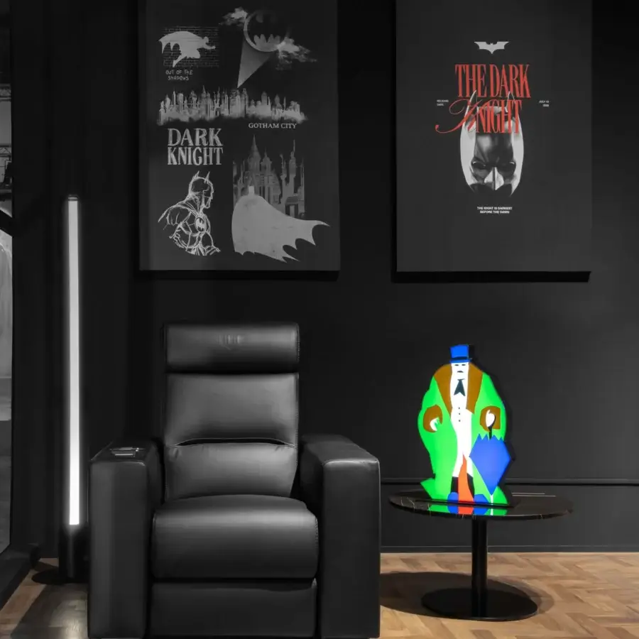 Distinguished WAYNE Enterprises WE-176 home cinema seating crafted in smooth dark leather with geometric forms and integrated cup holders