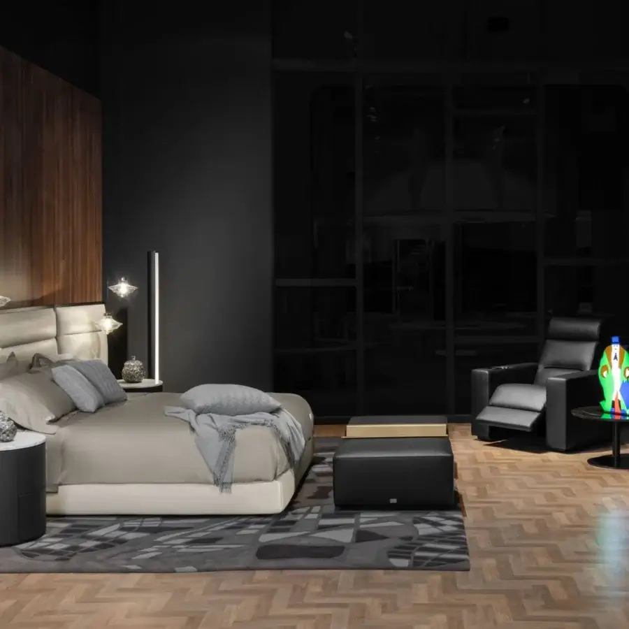 Exceptional WAYNE Enterprises WE-176 home cinema seating with fully upholstered matte black surfaces and golden ottoman accents crafted in Italy