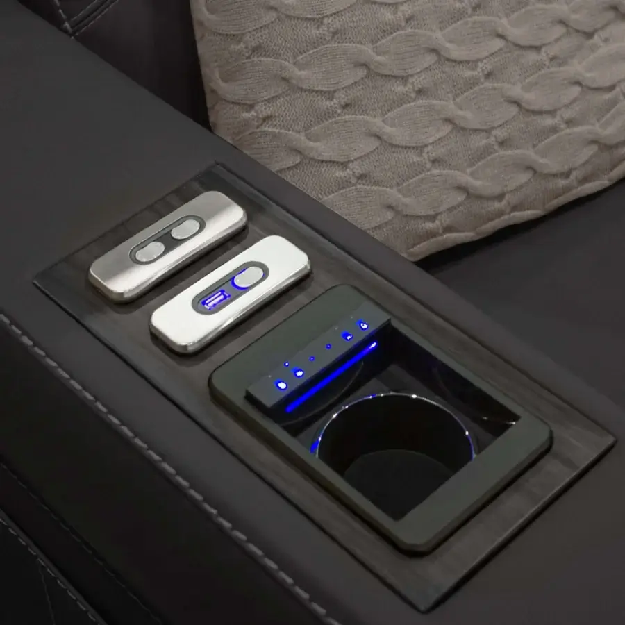 Superior WAYNE Enterprises WE-176 home cinema seating upholstered in dark material with matte wood grain and silver control panels