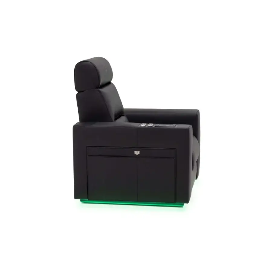 Distinctive Wayne Enterprises WE-176 home cinema seating fully upholstered in sleek black synthetic leather with green LED lit base