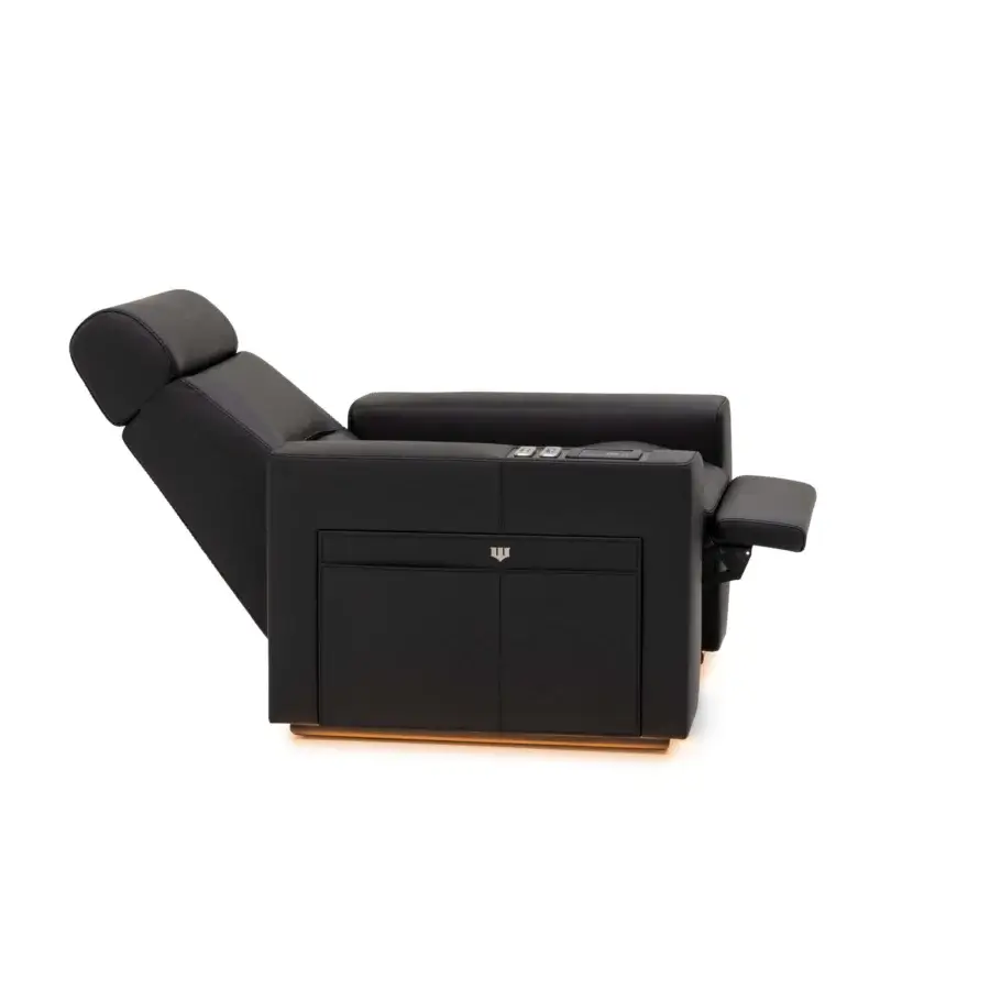 Superior Wayne Enterprises WE-176 home cinema seating fully upholstered in sleek black leather with illuminated base