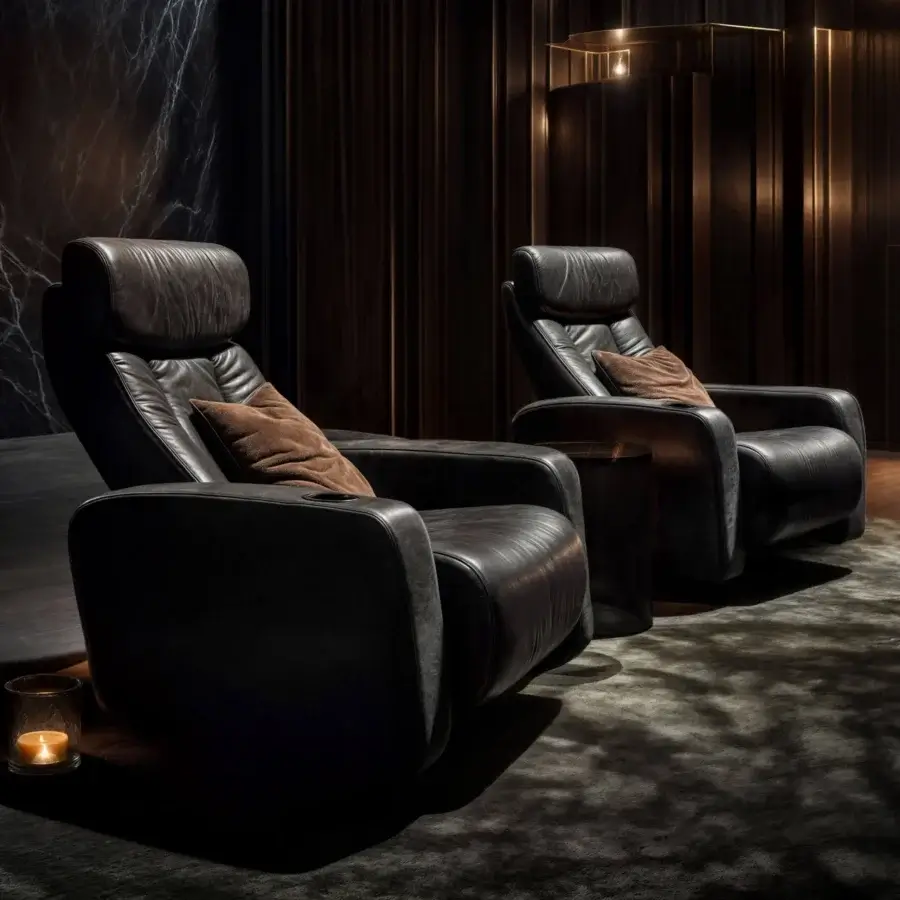 Home cinema seating chairs, black leather, with square throw pillows and wood side tables in a dark paneled home theater room.