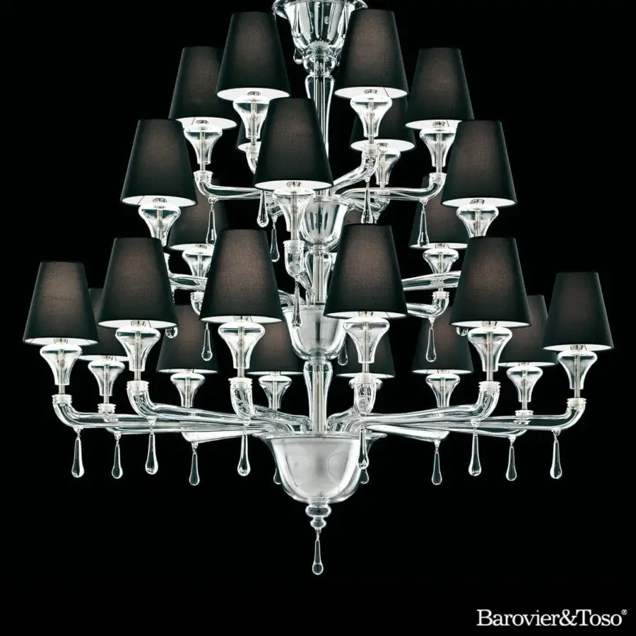 Distinguished Barovier&Toso Nevada chandelier with tiered arms supporting lights and small black lampshades in clear Murano glass