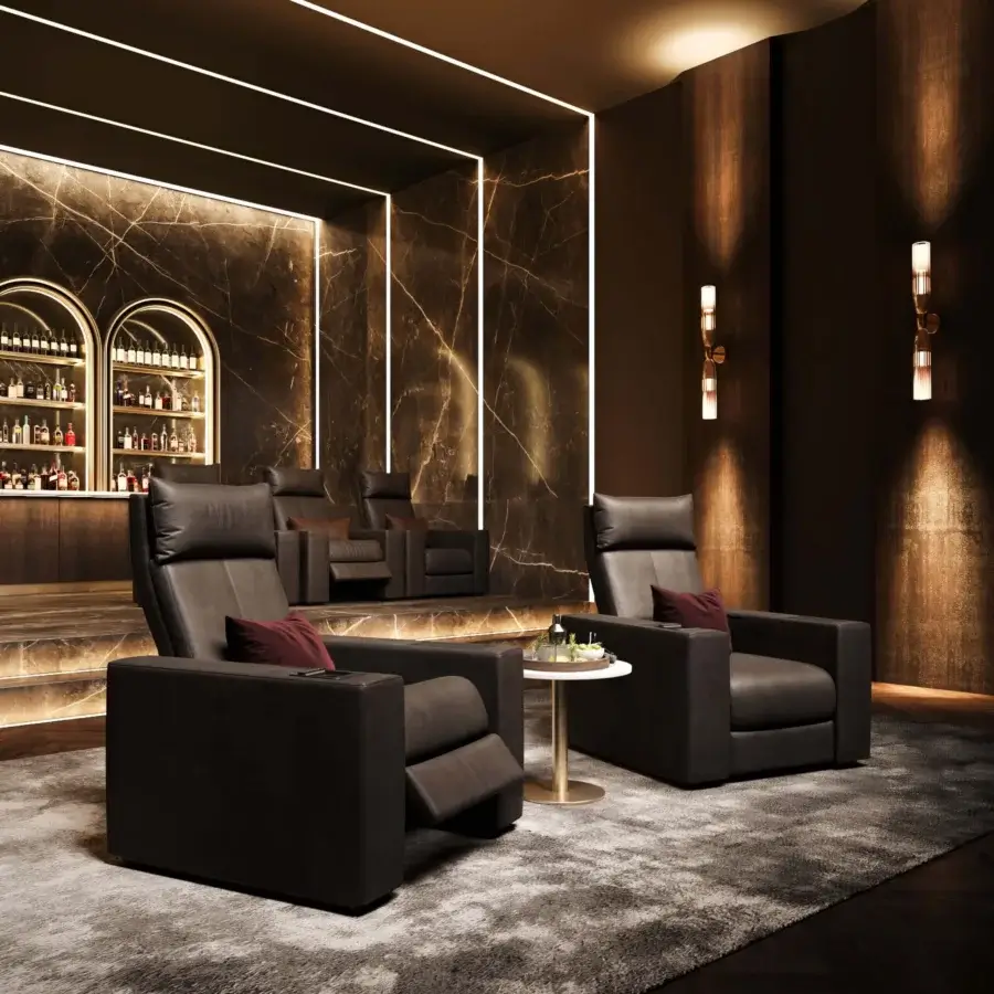 Distinguished WAYNE Enterprises WE-154 home cinema seating upholstered in dark brown material with matte finish