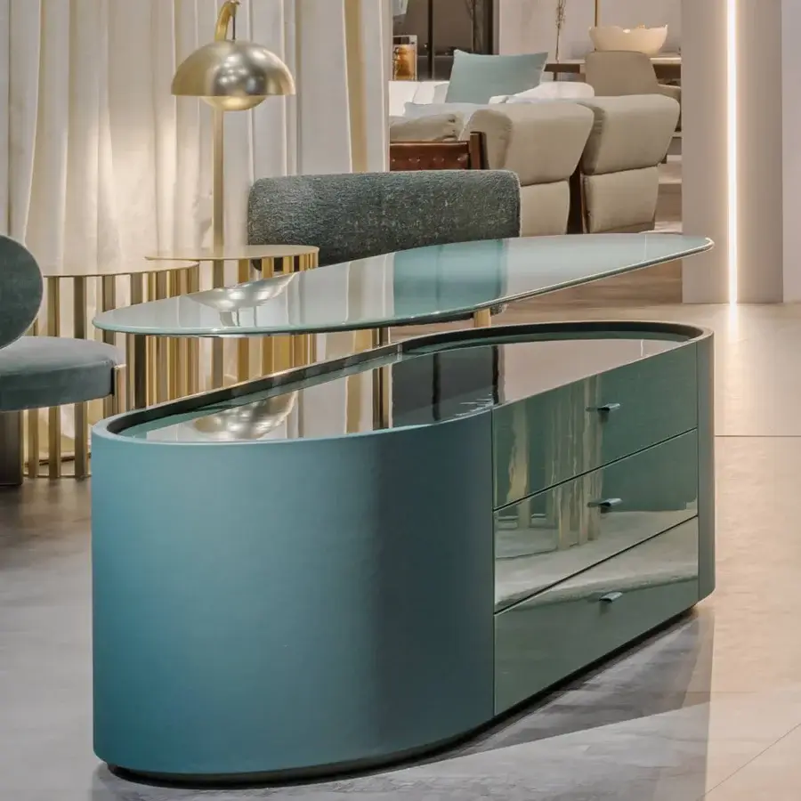 Exquisite Turri Roma dresser crafted from wood with a glossy lacquered teal finish and glass top
