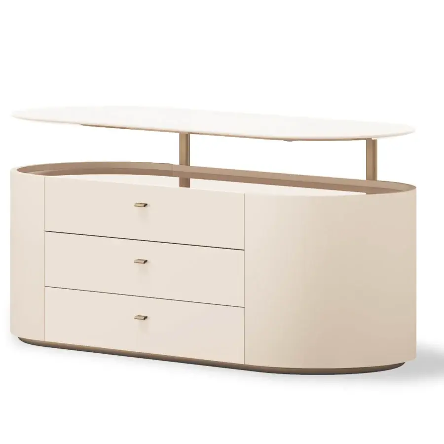 Elegant Turri Roma dresser in creamy wood with glossy lacquered finish and refined metal details creating a floating effect