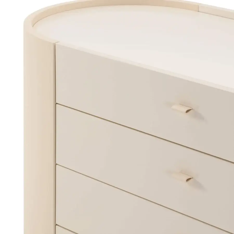 Elegant Turri Roma dresser crafted in light neutral lacquered wood with curved edges and cylindrical pulls