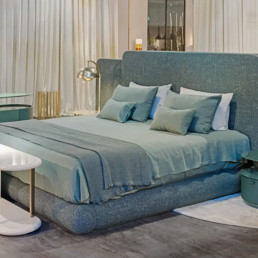 Superior Turri Roma nightstand with rounded forms, leather drawer and glossy lacquered wood shelf with champagne gold detailing