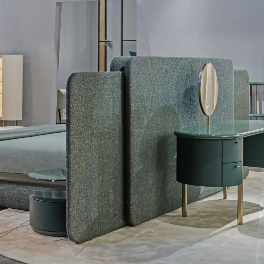 Lavish Turri Roma nightstand with a leather drawer and glossy lacquered dark green wood complemented by gold metal legs