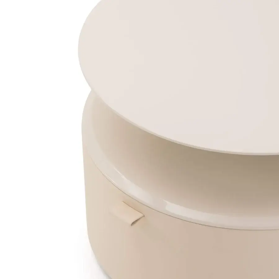 Elegant Turri Roma nightstand in light beige with a leather drawer and glossy lacquered wood shelf