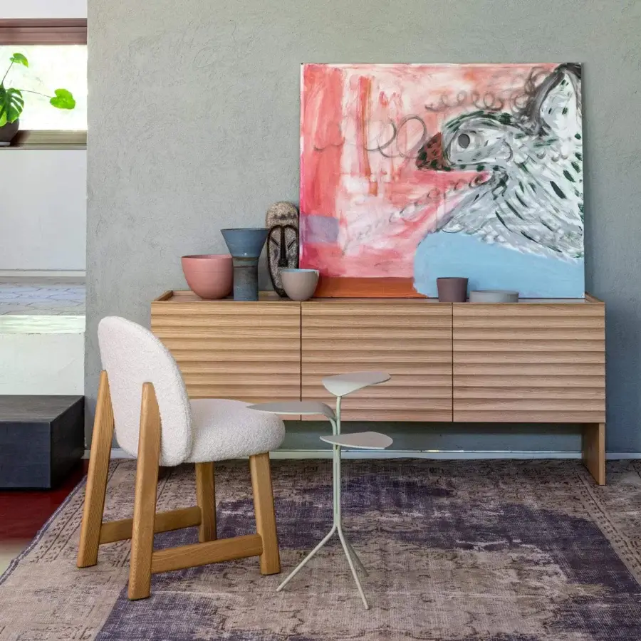 Exceptional Moroso Pheaby chair built in painted ash with softly rounded seating upholstered in off-white fleece-like textile
