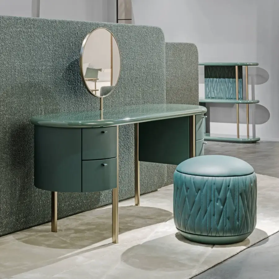 Elegant Turri Roma vanity with curved silhouette, glossy green finish and champagne gold metal legs crafted in leather drawers