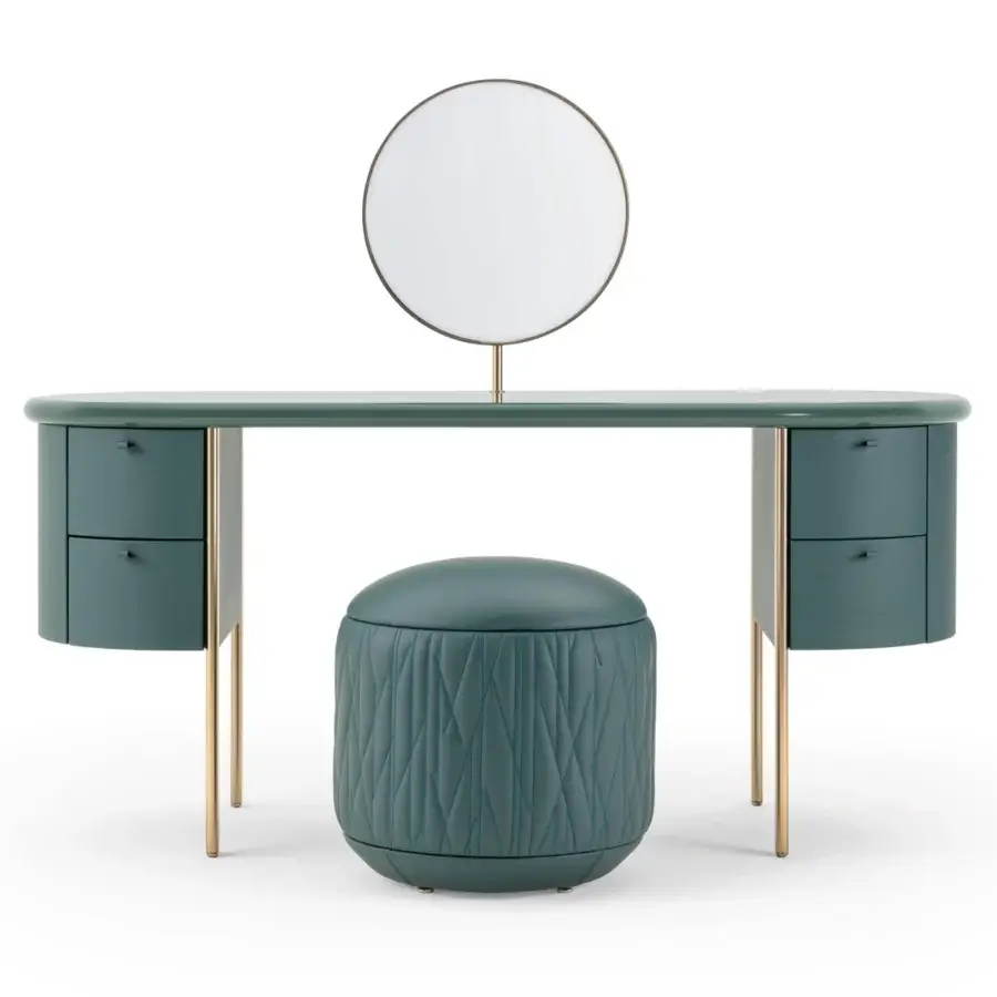Exceptional Turri Roma vanity with teal leather top, four drawers and champagne gold metal legs with circular mirror