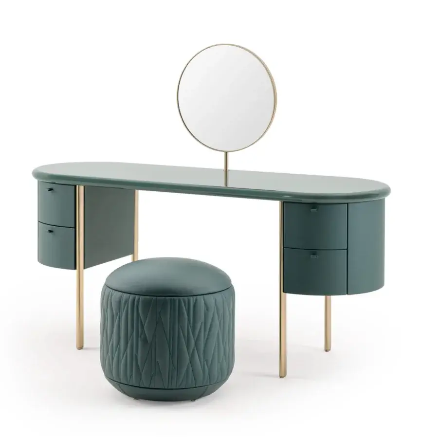 Superior Turri Roma vanity with muted teal tabletop, champagne gold legs and leather-covered drawers crafted with a smooth matte finish