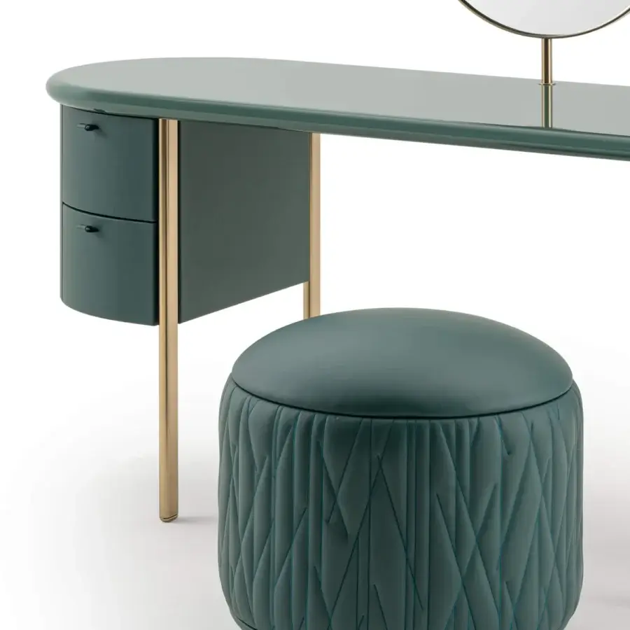 Elegant Turri Roma vanity with matte green top, leather drawers and champagne gold metal legs with round framed mirror