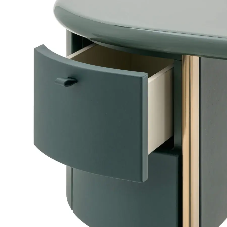 Distinguished Turri Roma vanity with elongated teal green top, matching leather drawers and champagne gold metal legs