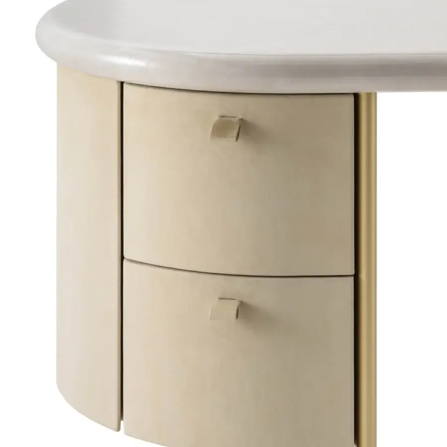 Elegant Turri Roma vanity with elongated stone-like top and leather-covered drawers complemented by champagne gold metal legs