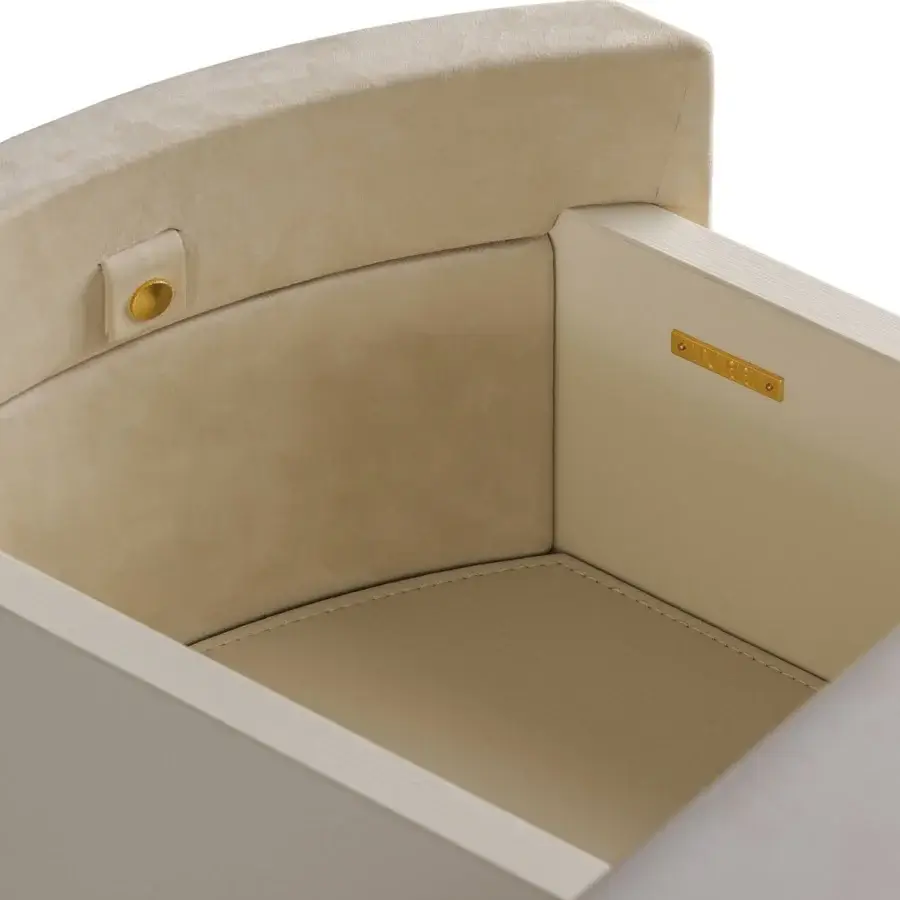 Lavish Turri Roma vanity with curved top and four leather drawers supported by champagne gold finished metal legs in matte light beige