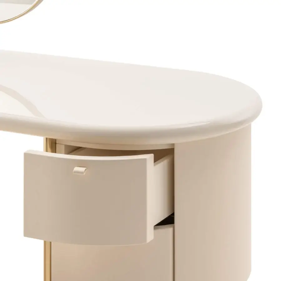 Superior Turri Roma vanity with elongated curved top, glossy off-white surface and champagne gold metal legs