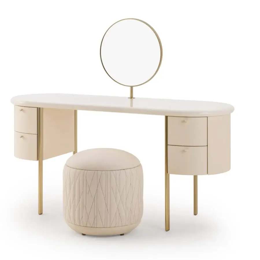 Elegant Turri Roma vanity crafted in Italy with glossy top, four leather drawers and thin metal legs