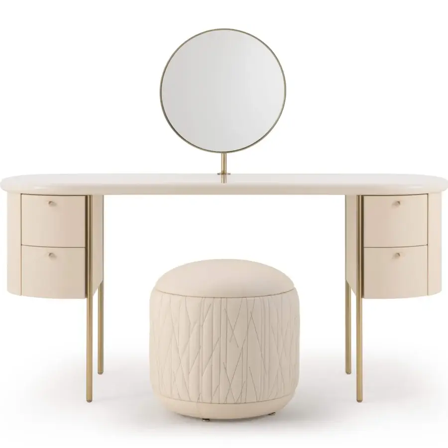 Superior Turri Roma vanity with elongated light beige top, four leather drawers and champagne gold metal legs with matching circular mirror stand