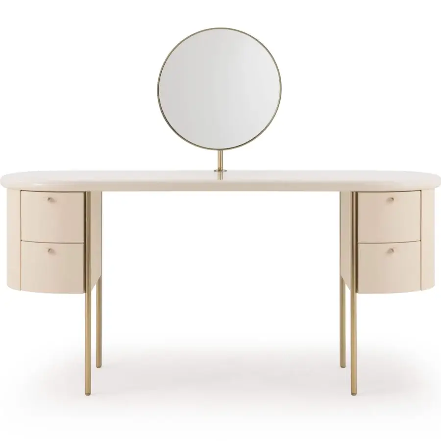 Exclusive Turri Roma vanity with light beige finish, four leather drawers and champagne gold metal legs