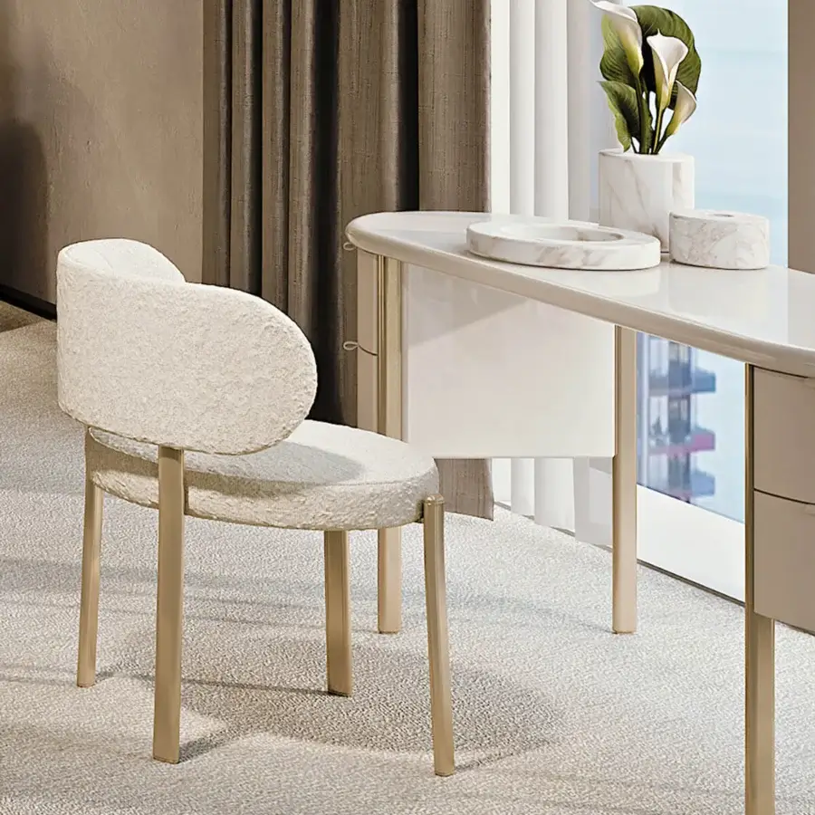 Distinguished Turri Roma desk with glossy off-white top, four leather-covered drawers and champagne gold metal legs