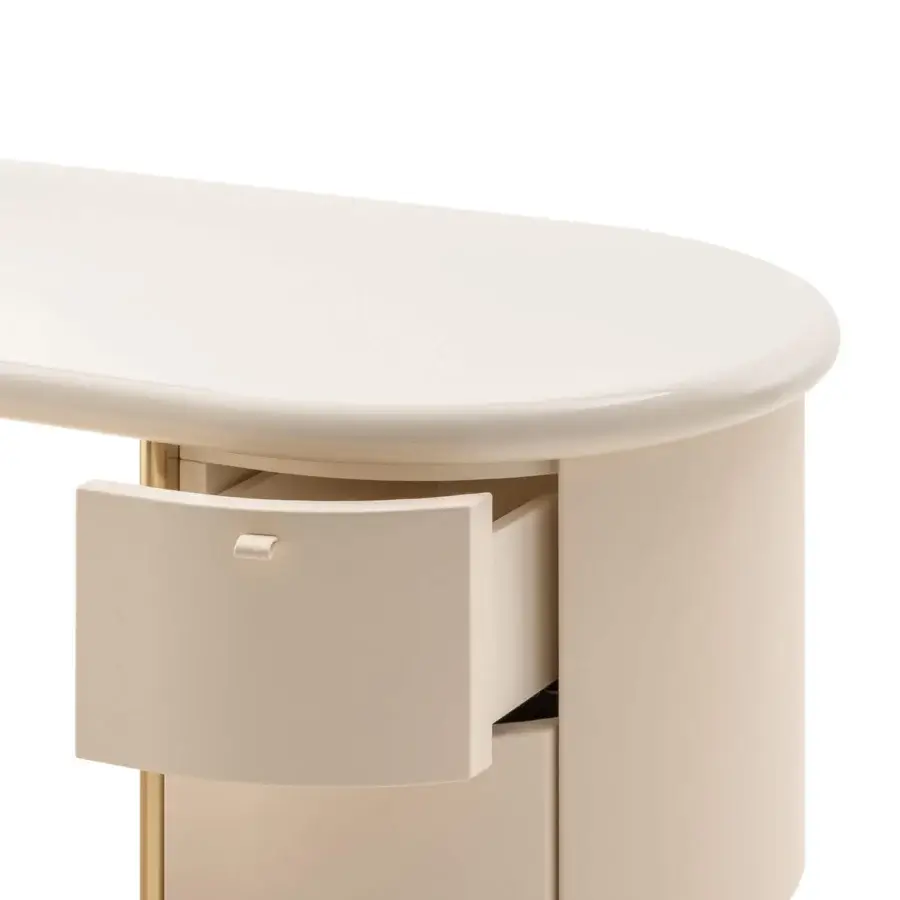 Elegant Turri Roma desk with curved cream top, leather-covered drawers and champagne gold metal legs