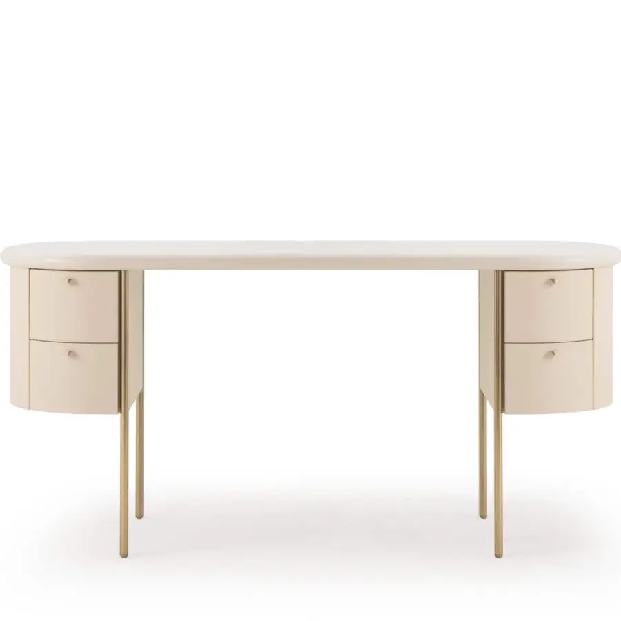 Superior Turri Roma desk with buttonhole-shaped cream top, champagne gold legs and leather-covered drawers