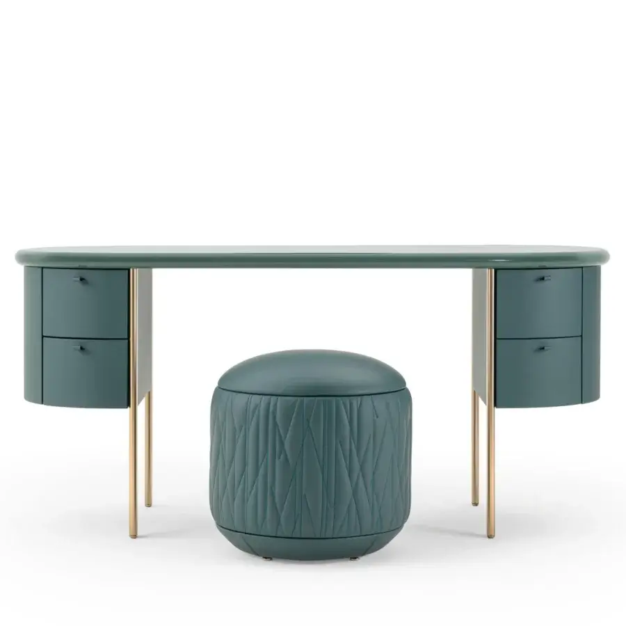 Lavish Turri Roma desk with elongated teal surface, champagne gold metal legs and matching leather drawers