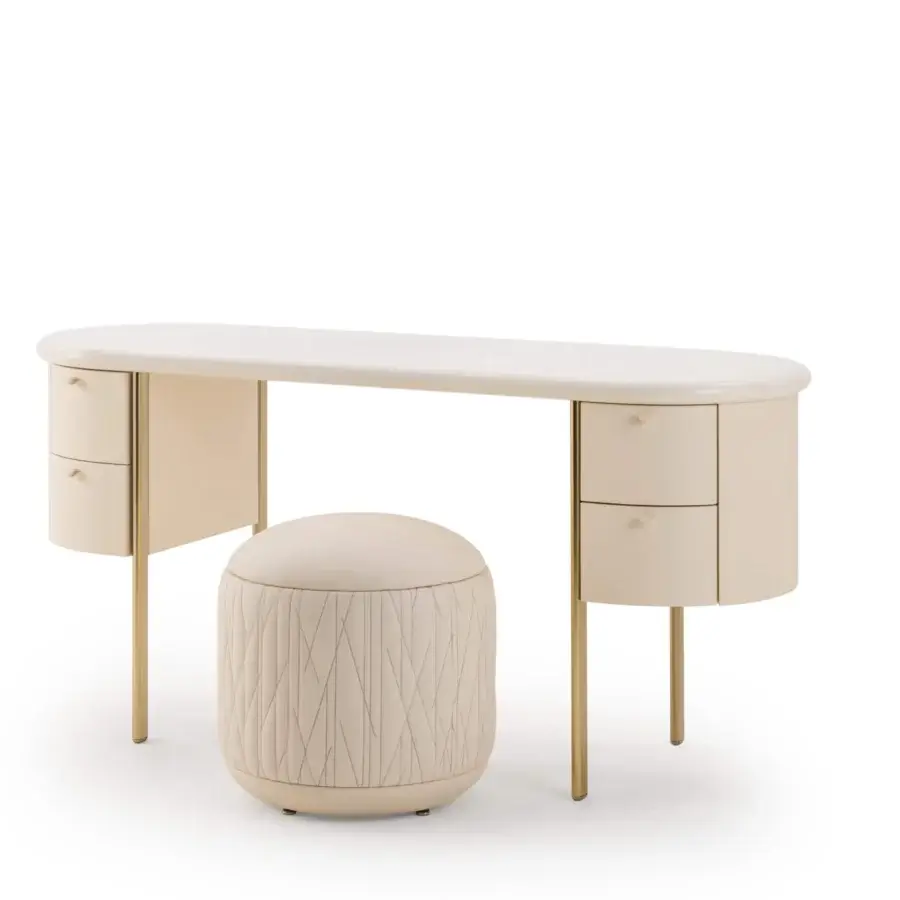 Distinguished Turri Roma desk with light beige tabletop, leather drawers and champagne gold metal legs paired with a cylindrical stool