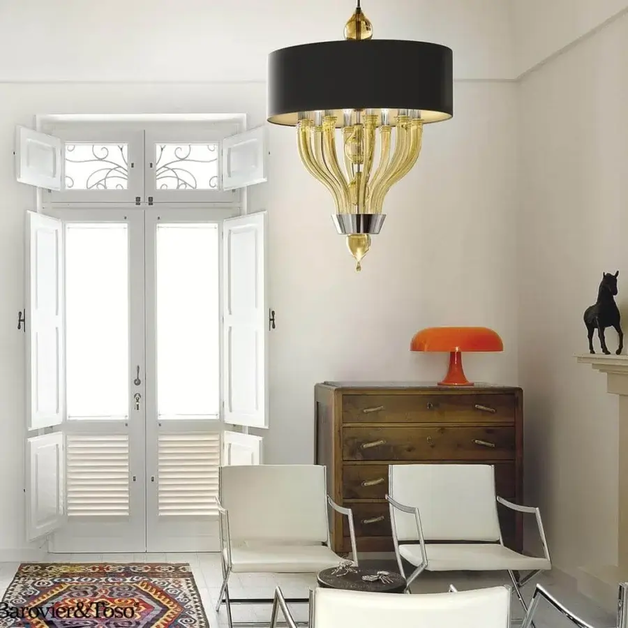 Lavish Barovier&Toso Pandora suspension lamp with delicate Venetian crystal arms and curved amber glass in gold-colored metal