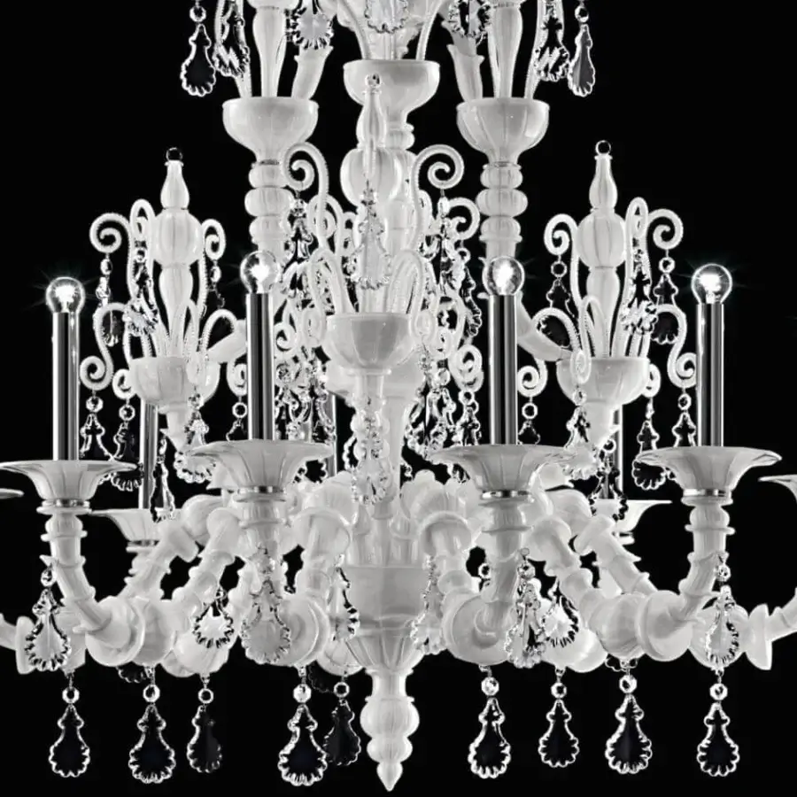 Superior Barovier&Toso Taif chandelier crafted in white Murano glass with polished chrome and ornate crystal-like pendants