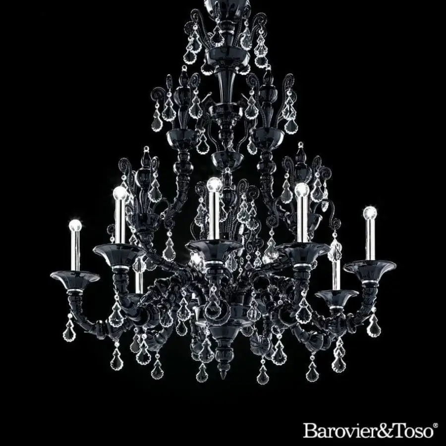 Distinguished Barovier&Toso Taif chandelier with tiered black Murano glass and numerous clear crystal-like pendants in polished chrome finish
