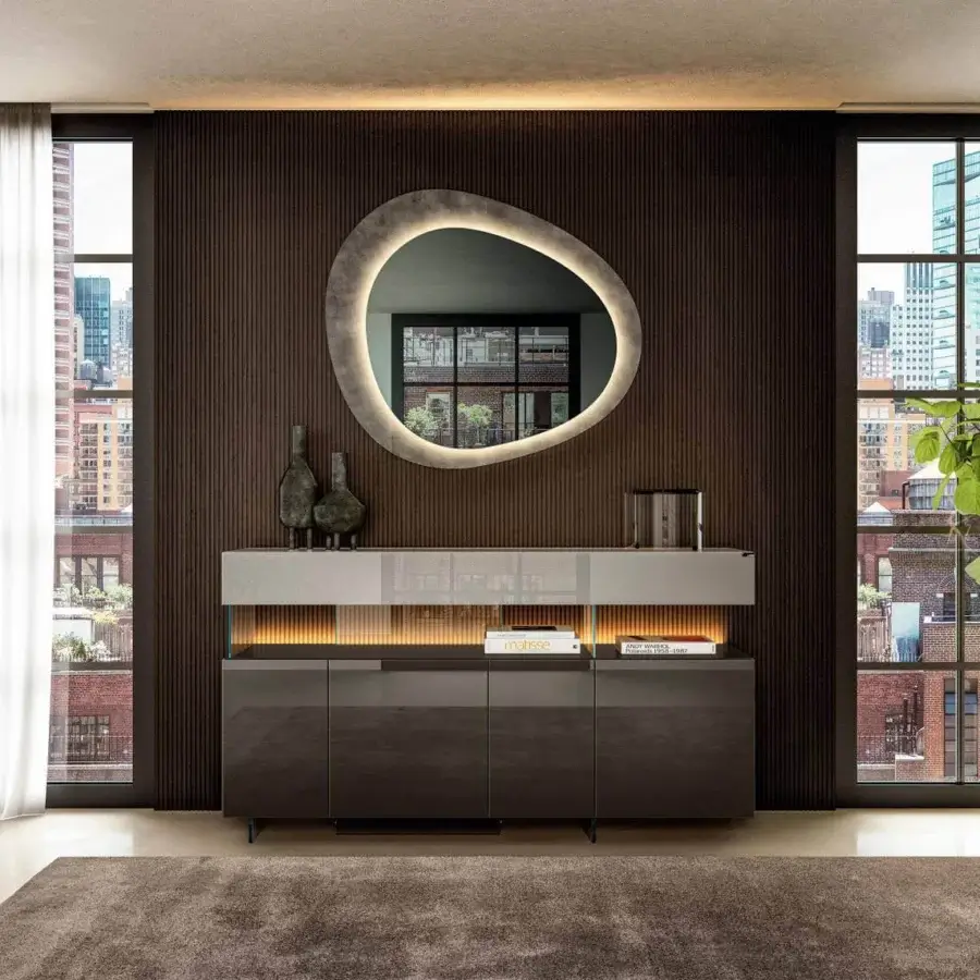 Captivating Lago Air sideboard with dark gray finish and light gray horizontal accent built with transparent tempered glass and XGlass technology