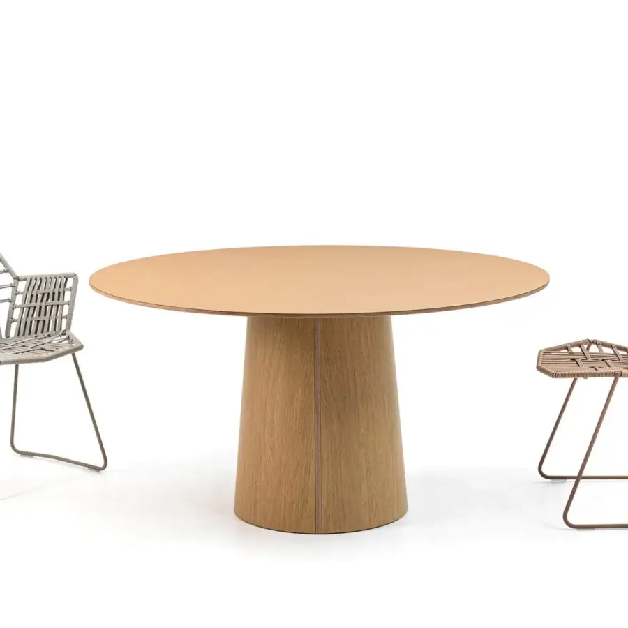 Superior Moroso Vol table with a linoleum coated birch plywood top and curved wood base in harmonious light tan and brown tones