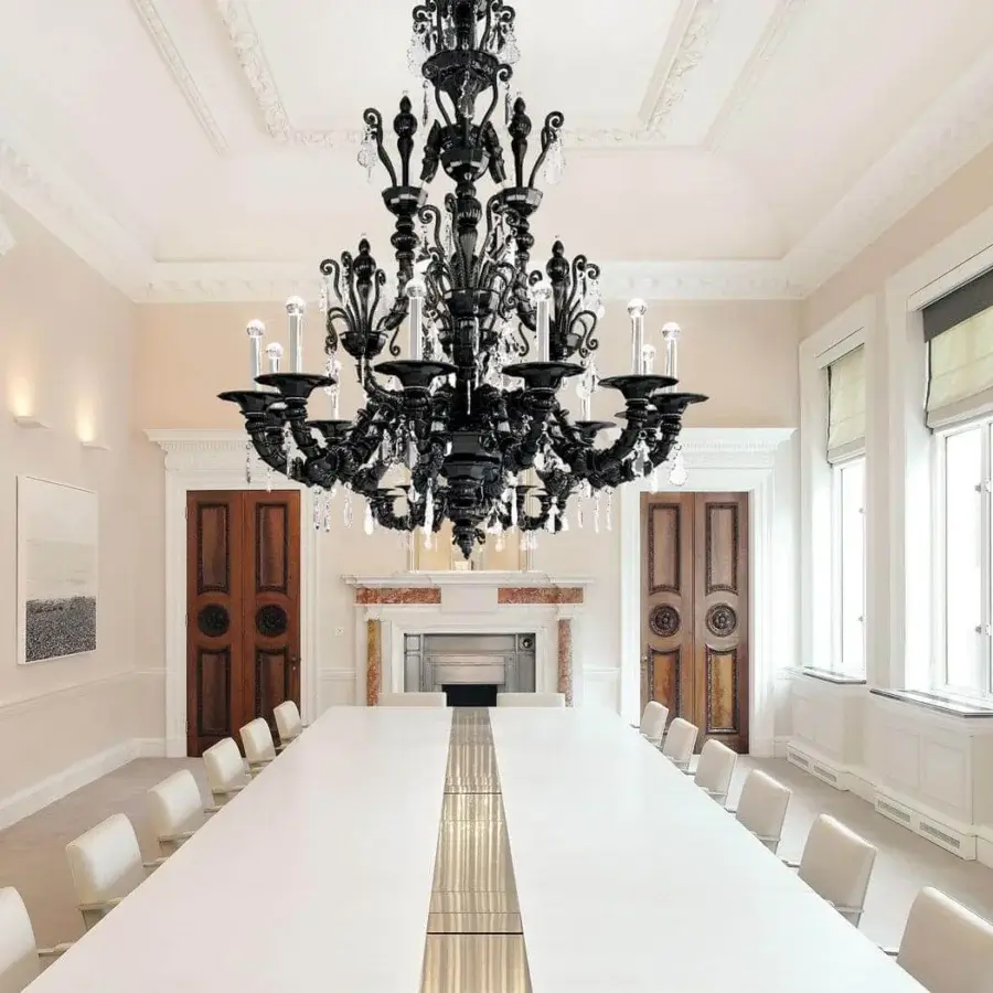 Harmonious Barovier&Toso Taif chandelier with polished chrome, black glass elements and intricate decorative arms reflecting light