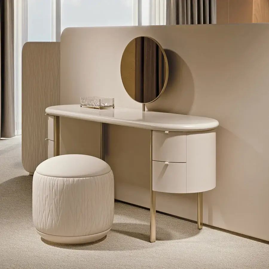 Superior Turri Roma ottoman with light beige textile upholstery and embossed vertical lines showcasing geometric embroidery