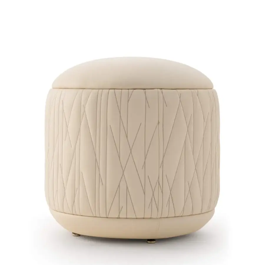 Superior Turri Roma ottoman showcases geometric embroidery with smooth matte beige textile upholstery and recessed metal feet